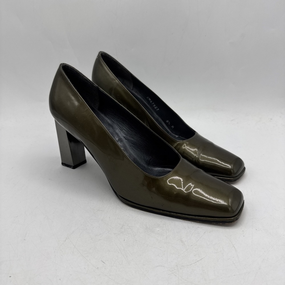 Stuart Weitzman Heels Womens 8.5 B Metallic Olive/ Bronze‎ Patent Leather Pumps